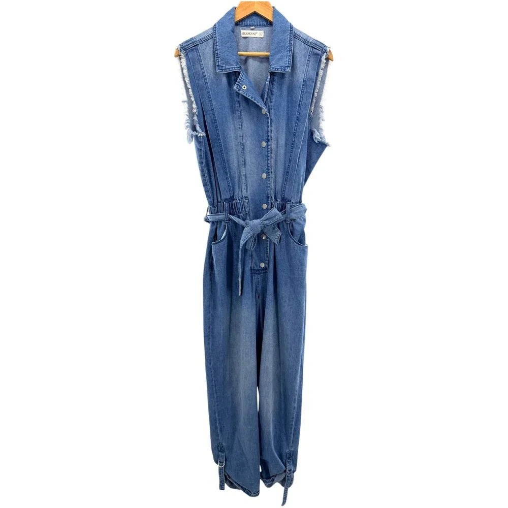 BLANKNYC Womens Blue Denim Sleeveless Boiler‎ Suit Jumpsuit Tie Waist Medium